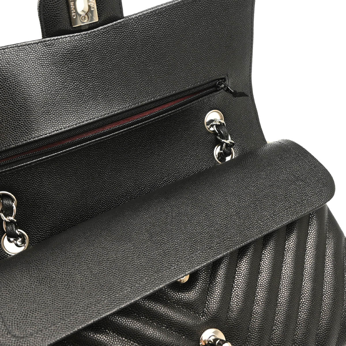 Chanel 2017-2018 Black Caviar Chevron Medium Classic Double Flap Shoulder Bag