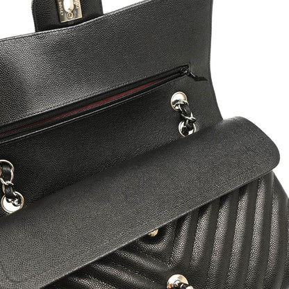 Chanel 2017-2018 Black Caviar Chevron Medium Classic Double Flap Shoulder Bag