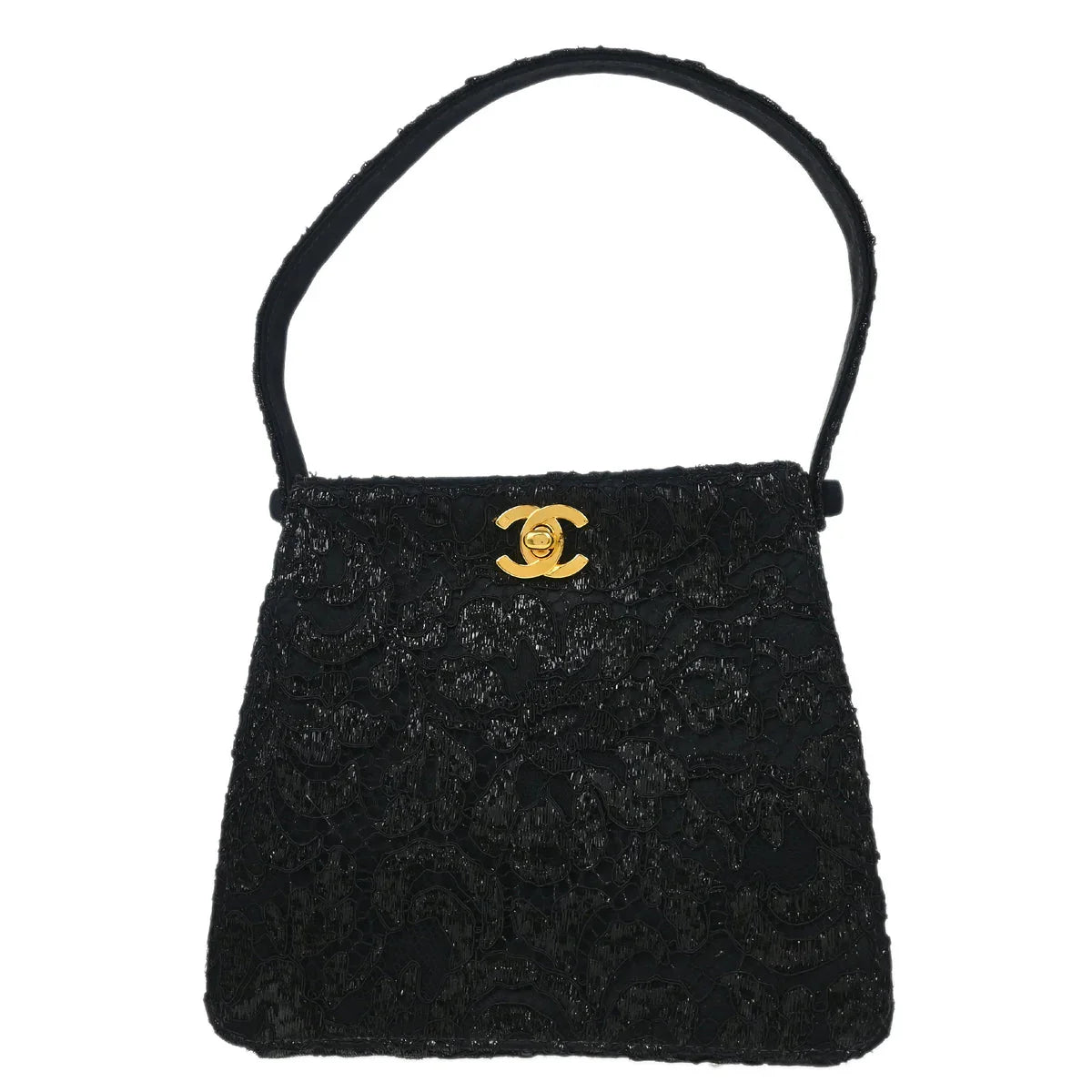 Chanel 1997-1999 Black Satin Lace Double Sided Turnlock Handbag