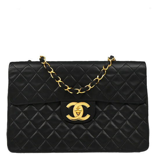 Chanel 1991-1994 Black Lambskin Maxi Classic Flap Shoulder Bag