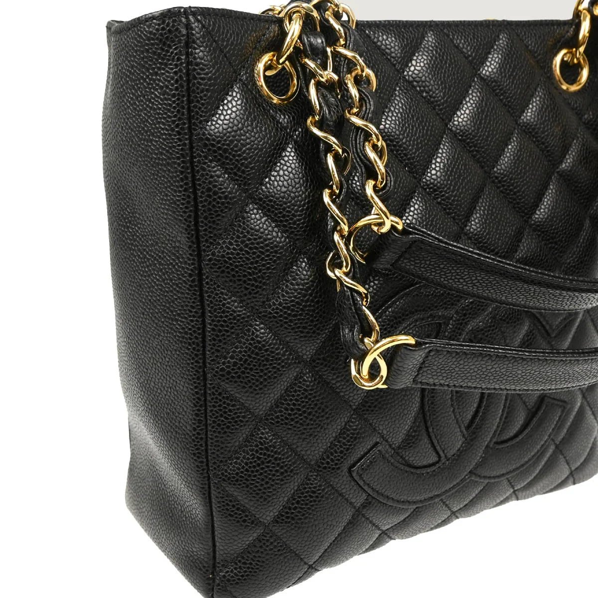 Chanel 2008-2009 Black Caviar Petite Shopping Tote PST Chain Handbag