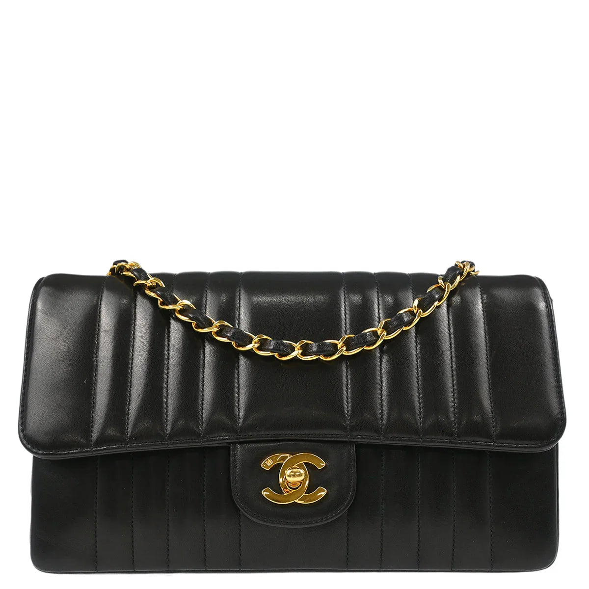Chanel 1991-1994 Black Lambskin Vertical Stitch Single Flap Shoulder Bag