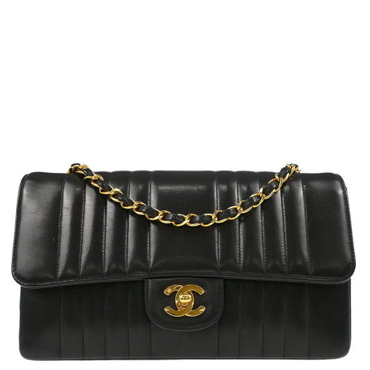 Chanel 1991-1994 Black Lambskin Vertical Stitch Single Flap Shoulder Bag