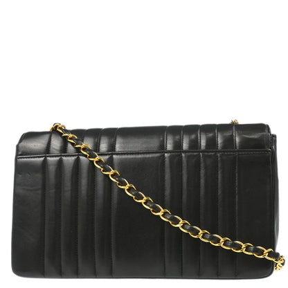 Chanel 1991-1994 Black Lambskin Vertical Stitch Single Flap Shoulder Bag