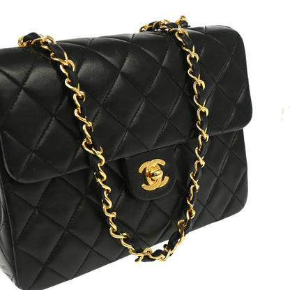 Chanel 1989-1991 Black Lambskin Classic Square Flap Shoulder Bag 20