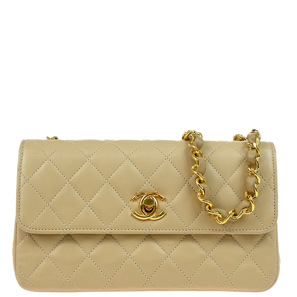 Chanel 1989-1991 Beige Lambskin Straight Flap Shoulder Bag