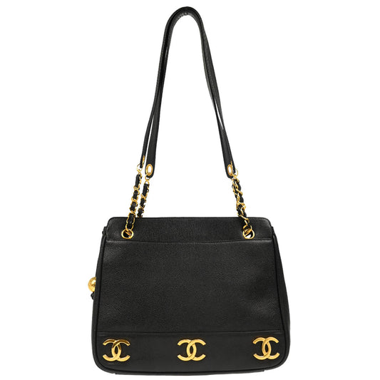 Chanel 1994-1996 Black Caviar Triple CC Shoulder Tote Bag