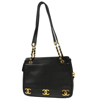 Chanel 1994-1996 Black Caviar Triple CC Shoulder Tote Bag