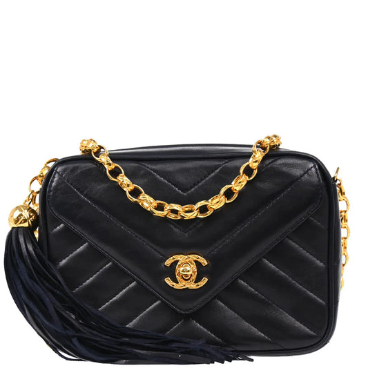Chanel 1991-1994 Navy Lambskin Chevron Camera Bag Mini