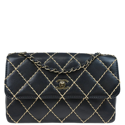 Chanel 2000-2002 Black Calfskin Wild Stitch Single Flap Shoulder Bag