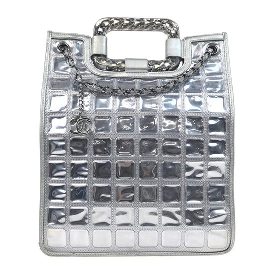 Chanel 2006-2008 Silver Vinyl Ice Cube Tote 2way Shoulder Handbag