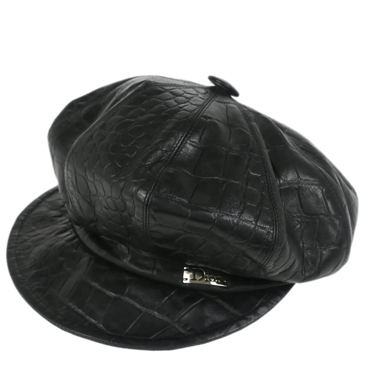 Christian Dior Black Embossed Leather Newsboy Cap Hat Small Good