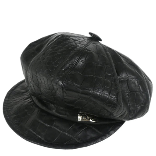 Christian Dior Black Embossed Leather Newsboy Cap Hat Small Good