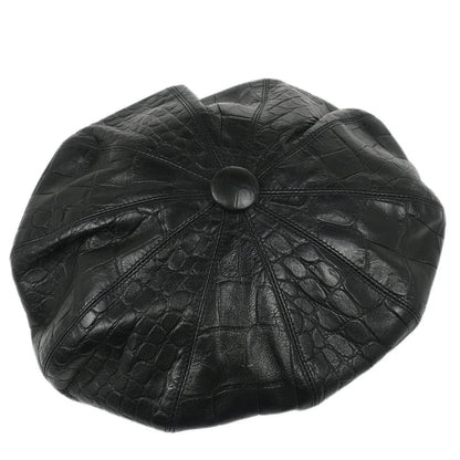 Christian Dior Black Embossed Leather Newsboy Cap Hat Small Good