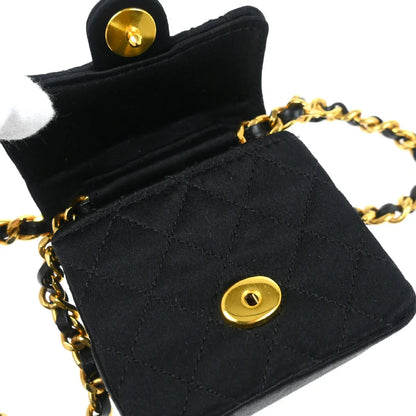 Chanel 1989-1991 Black Satin Classic Flap Micro Chain Shoulder Bag