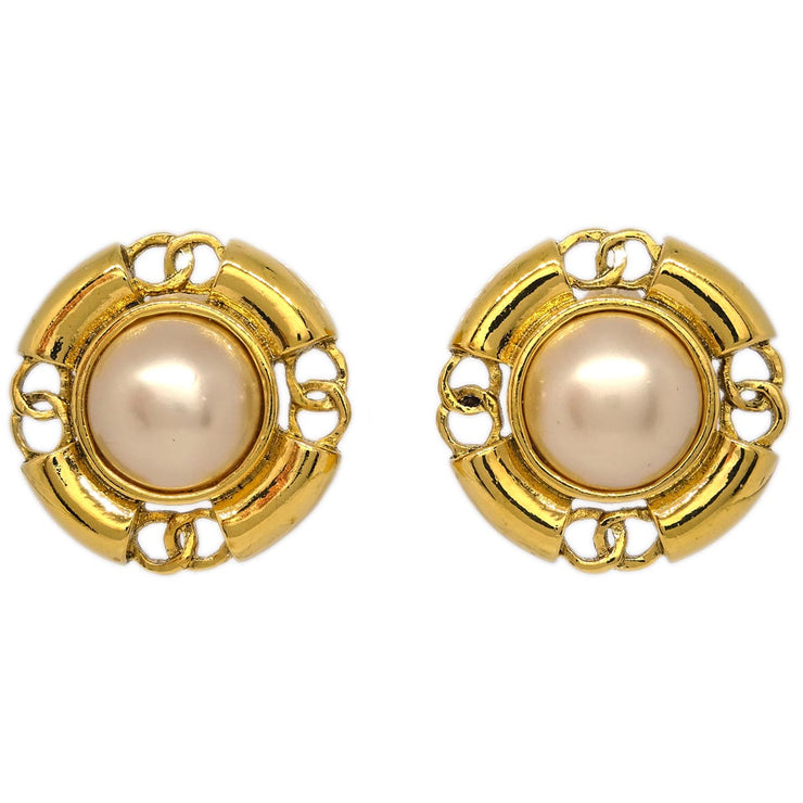 Chanel Earrings Clip-On Button Costume Pearl 93A