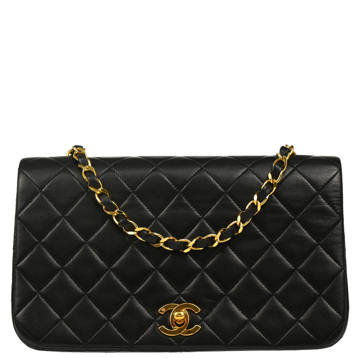 Chanel 1989-1991 Black Lambskin Turnlock Small Full Flap Shoulder Bag