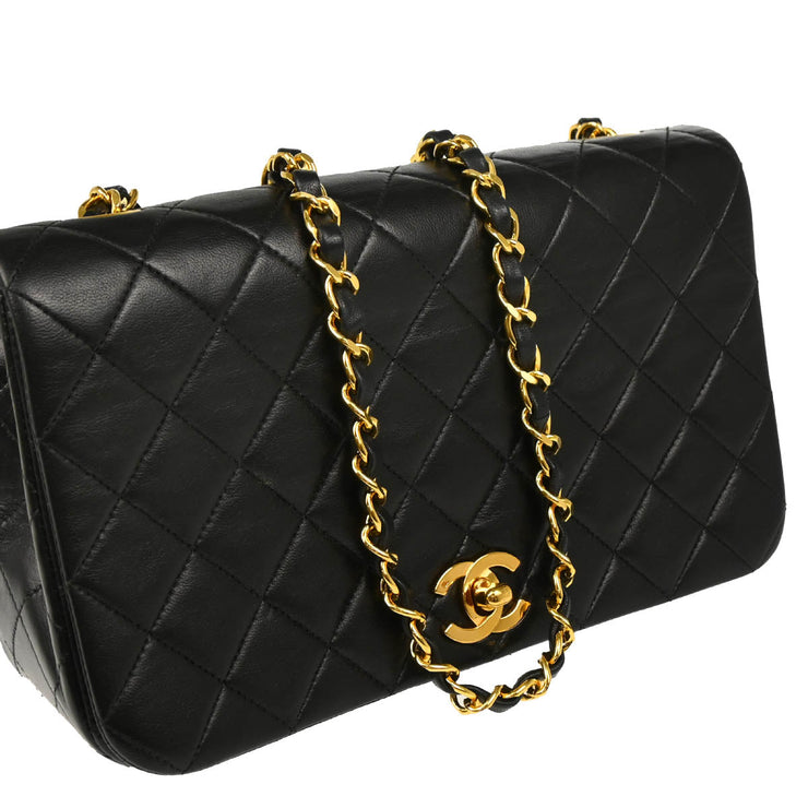 Chanel 1989-1991 Black Lambskin Turnlock Small Full Flap Shoulder Bag