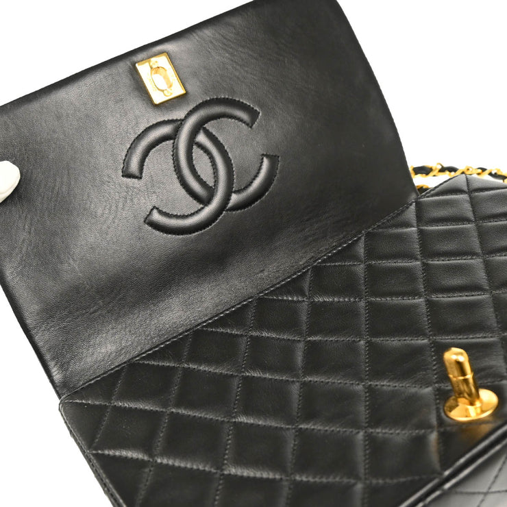 Chanel 1989-1991 Black Lambskin Turnlock Small Full Flap Shoulder Bag