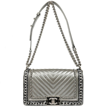 Boy Chanel 2017-2018 Silver Calfskin Medium Chevron Shoulder Bag