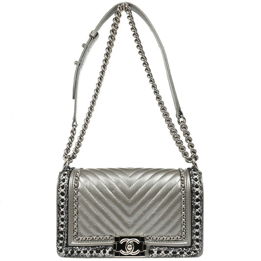 Boy Chanel 2017-2018 Silver Calfskin Medium Chevron Shoulder Bag
