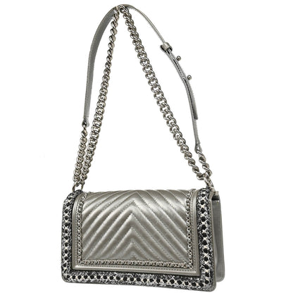 Boy Chanel 2017-2018 Silver Calfskin Medium Chevron Shoulder Bag