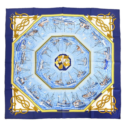Hermes Scarf Carre 90 Retour de Peche Blue Small Good