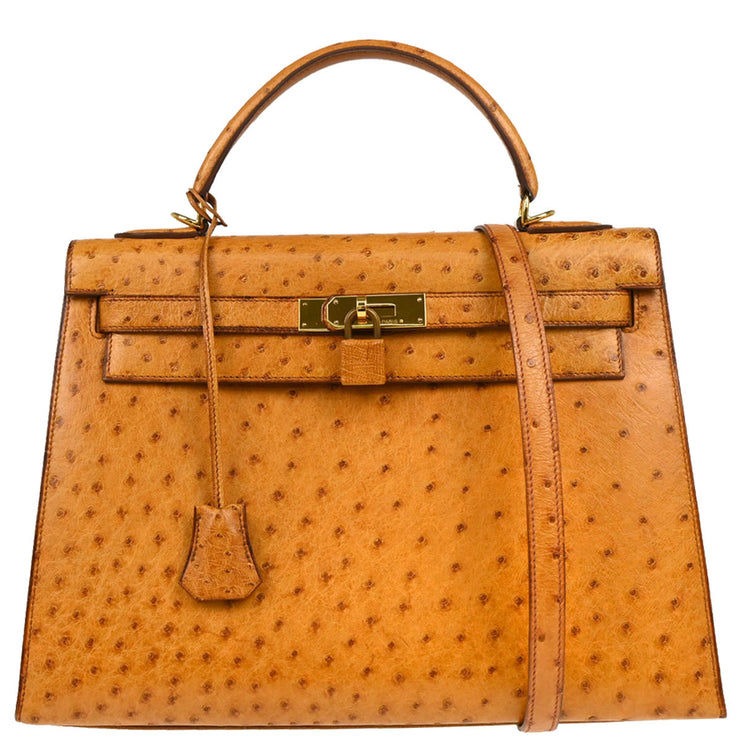 Hermes * 1987 Chestnut Ostrich Kelly 32 Sellier 2way Shoulder Handbag