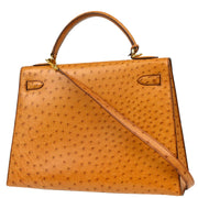 Hermes * 1987 Chestnut Ostrich Kelly 32 Sellier 2way Shoulder Handbag
