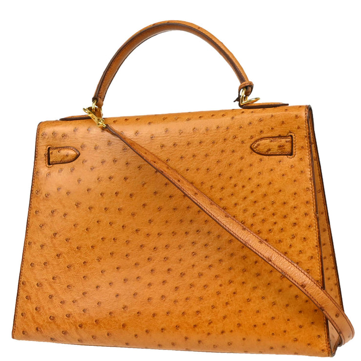 Hermes * 1987 Chestnut Ostrich Kelly 32 Sellier 2way Shoulder Handbag