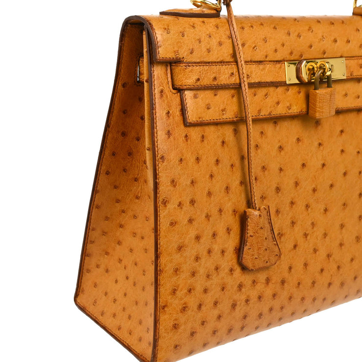 Hermes * 1987 Chestnut Ostrich Kelly 32 Sellier 2way Shoulder Handbag