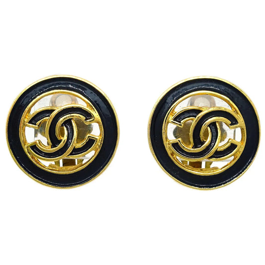 Chanel Button Earrings Black Clip-On 93C