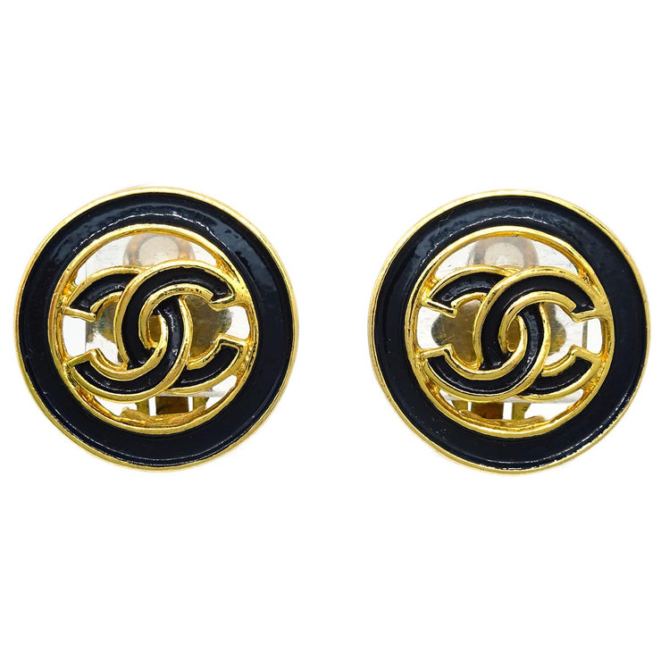 Chanel Button Earrings Black Clip-On 93C