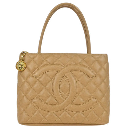 Chanel 2003-2004 Beige Caviar Medallion Tote Handbag