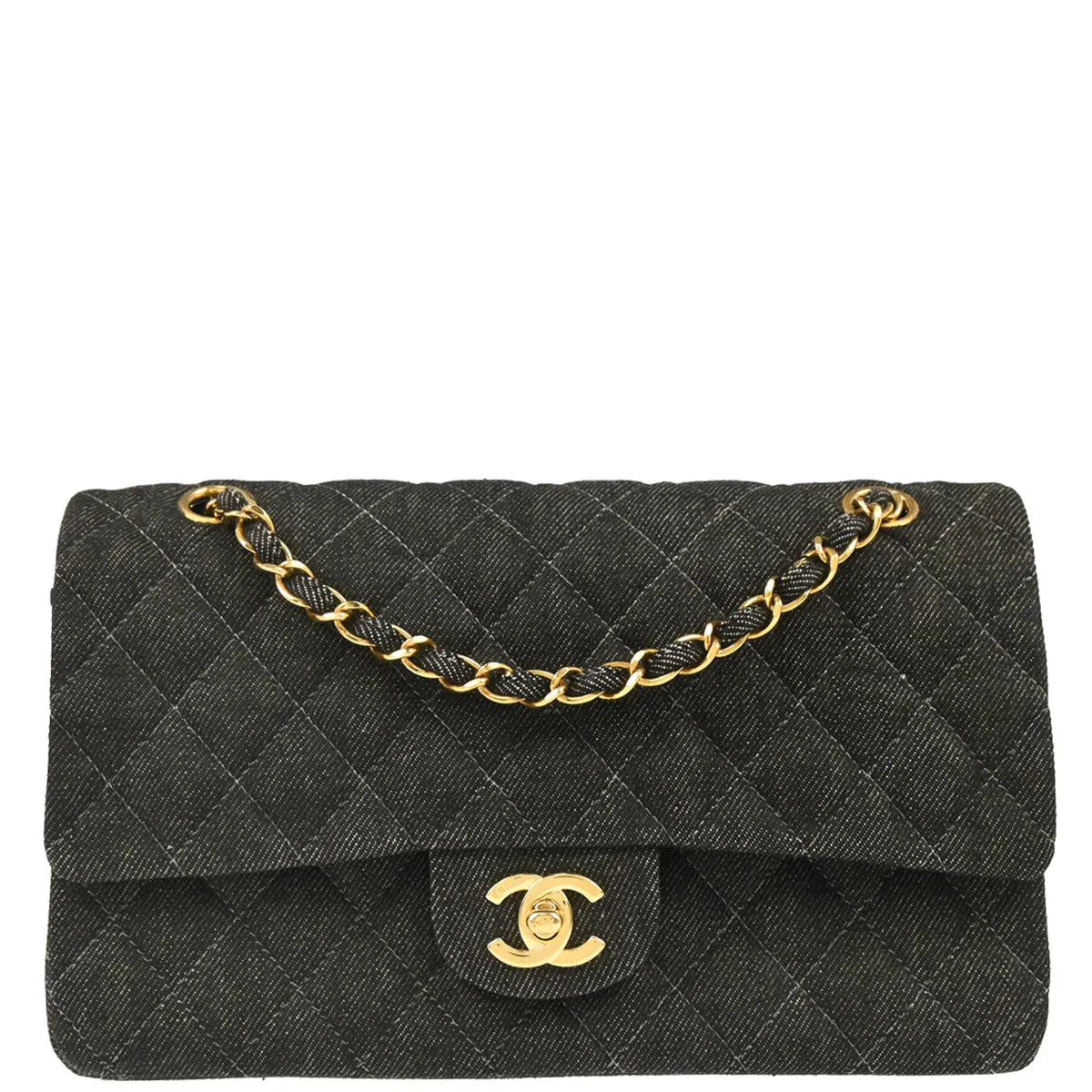 Chanel 1997-1999 Black Denim Medium Classic Double Flap Shoulder Bag