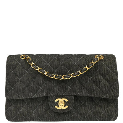 Chanel 1997-1999 Black Denim Medium Classic Double Flap Shoulder Bag