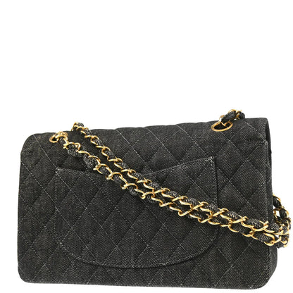 Chanel 1997-1999 Black Denim Medium Classic Double Flap Shoulder Bag