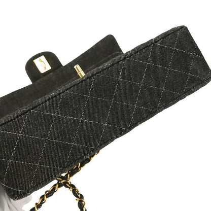 Chanel 1997-1999 Black Denim Medium Classic Double Flap Shoulder Bag