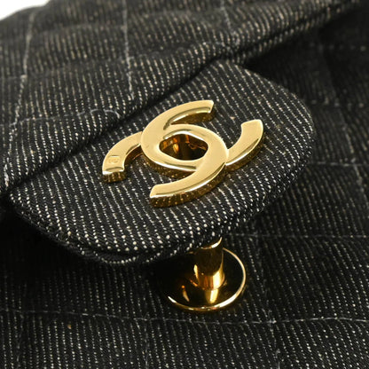Chanel 1997-1999 Black Denim Medium Classic Double Flap Shoulder Bag