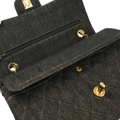 Chanel 1997-1999 Black Denim Medium Classic Double Flap Shoulder Bag