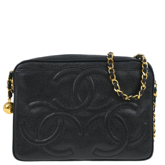 Chanel 1994-1996 Black Caviar Triple CC Camera Bag Small