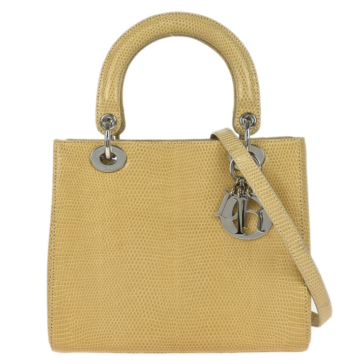 Christian Dior * Beige Lizard Lady Dior Cannage 2way Handbag