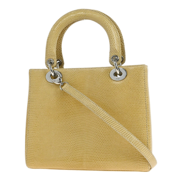 Christian Dior * Beige Lizard Lady Dior Cannage 2way Handbag