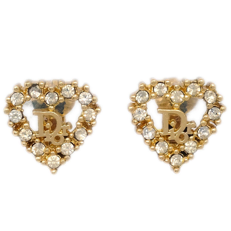 Christian Dior Gold Heart Earrings Clip-On Rhinestone
