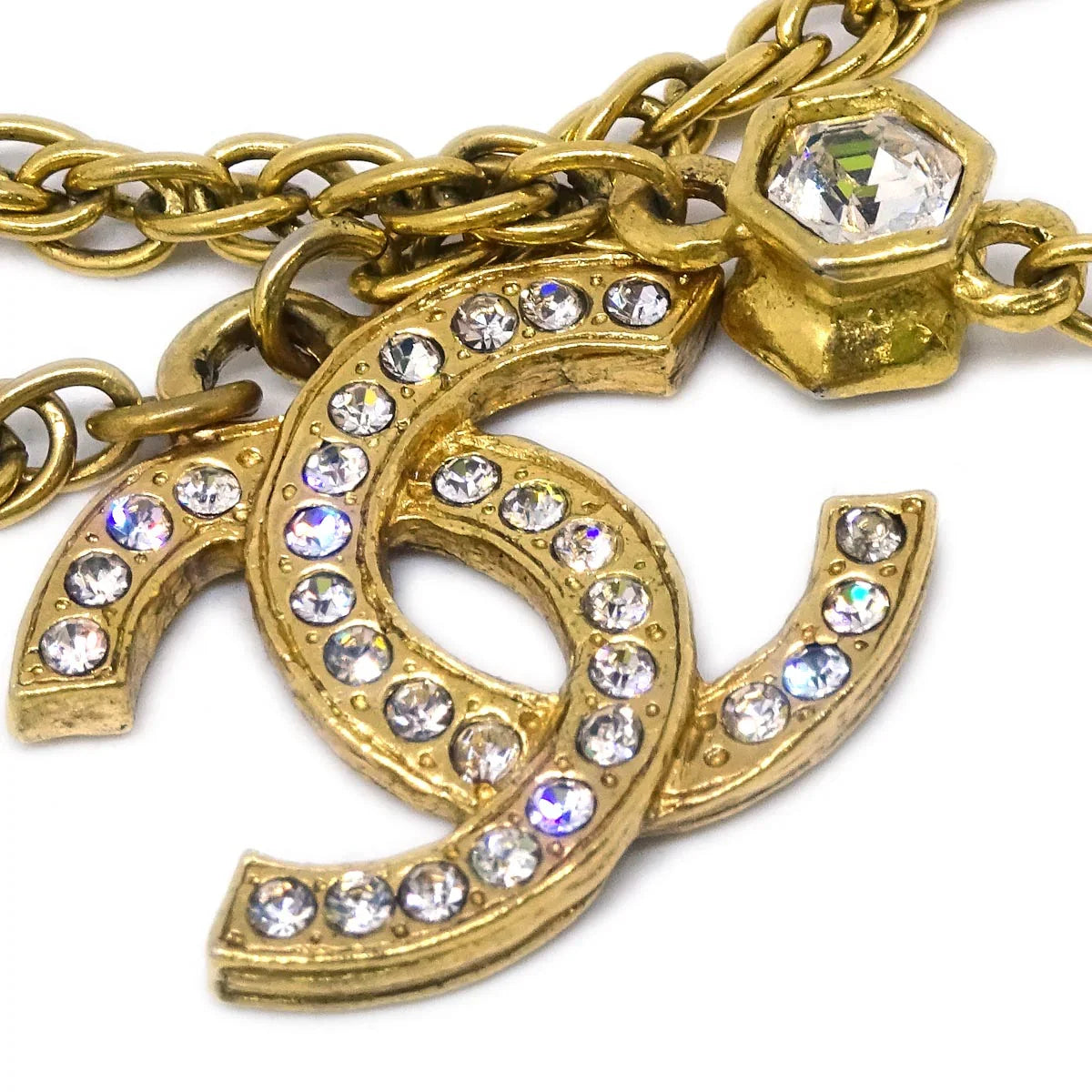 Chanel Gold CC Chain Pendant Necklace Rhinestone