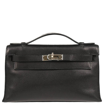Hermes Black Evergrain Kelly Pochette Handbag