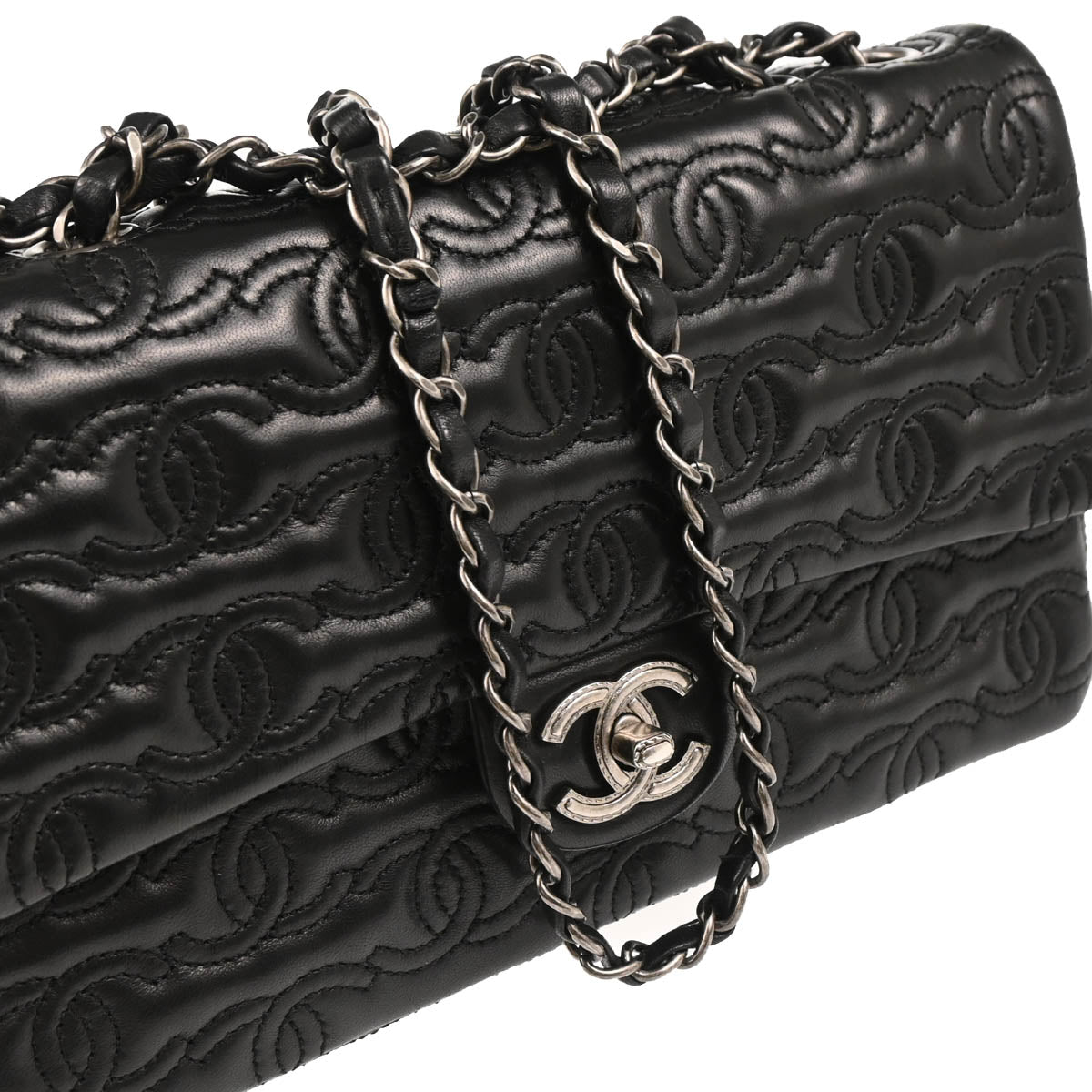 Chanel 2014 Black Lambskin CC Stitch Single Flap Shoulder Bag