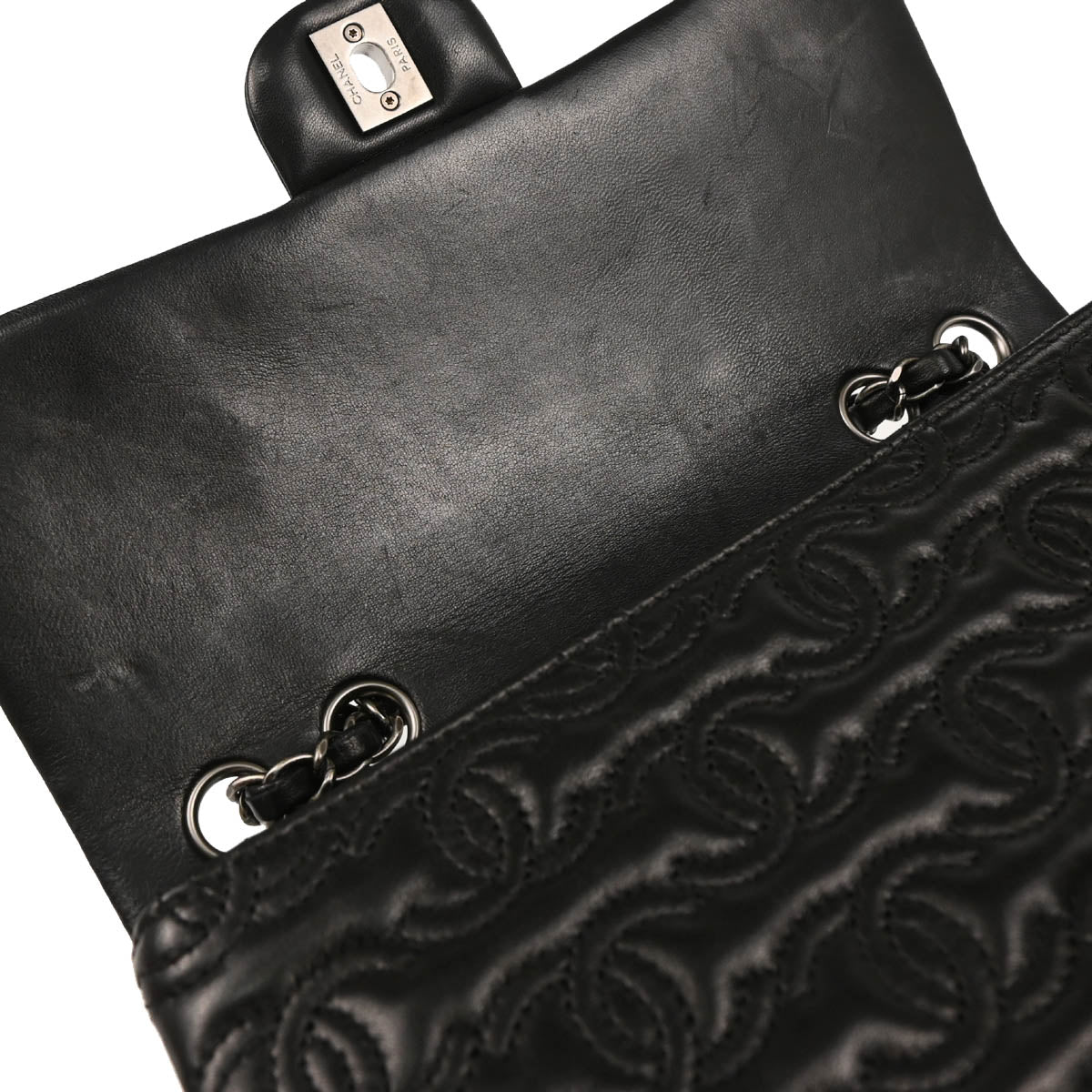 Chanel 2014 Black Lambskin CC Stitch Single Flap Shoulder Bag