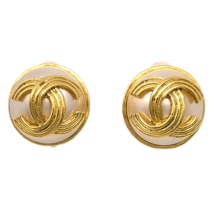 Chanel Earrings Clip-On Button Costume Pearl Gold 94A