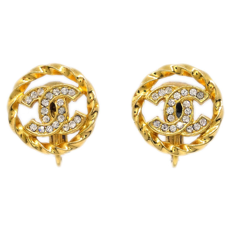 Chanel Gold Button Earrings Clip-On Rhinestone 2137